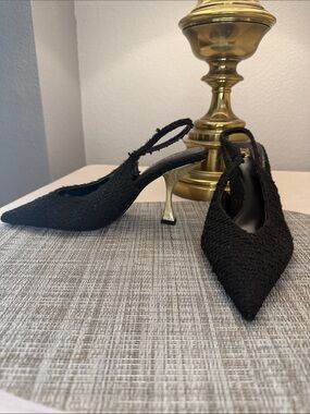 Zara Black Pointed Slingback Heels with Gold Stiletto